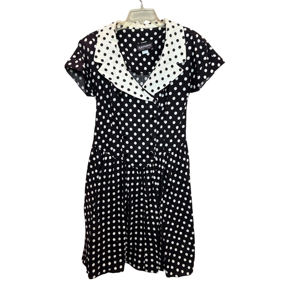 Vintage Pinup Polka Dot Cotton Dress Womens 12‎ Black White USA Classic Retro